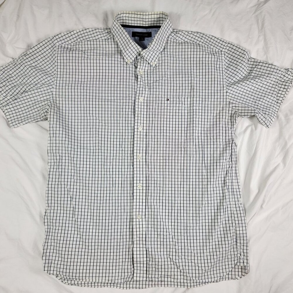 Tommy Hilfiger Mens XL White Checkered Short Sleeve Shirt Casual Party Outdoors